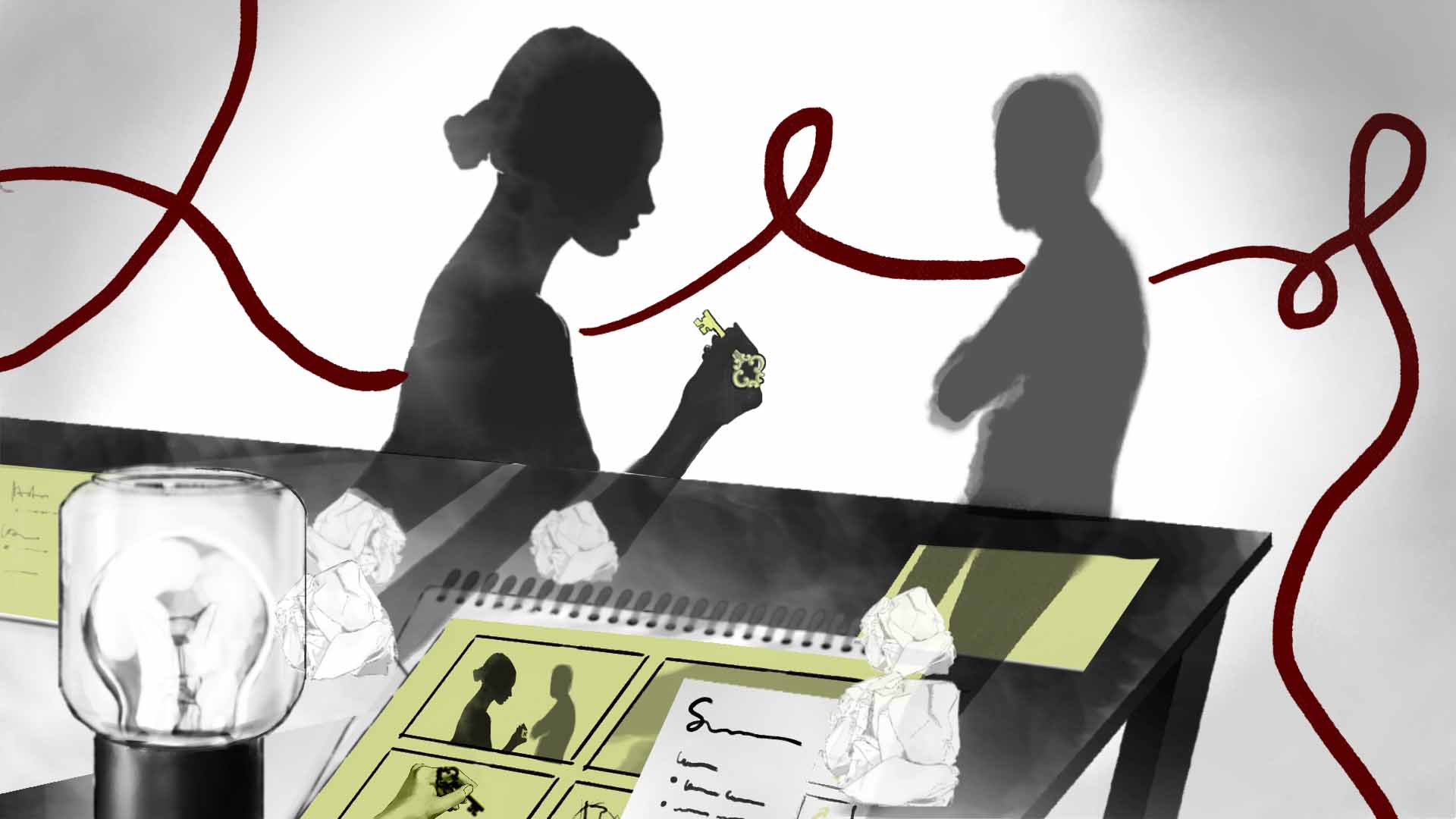 Illustration mit zwei Figuren, Storyboard und Lampe